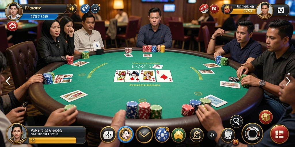 Screenshot permainan Poker yang menampilkan momen seru di meja.