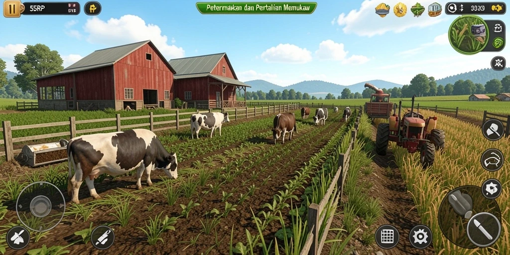 Screenshot dari gameplay 55RP yang menunjukkan aktivitas berkebun dan beternak.
