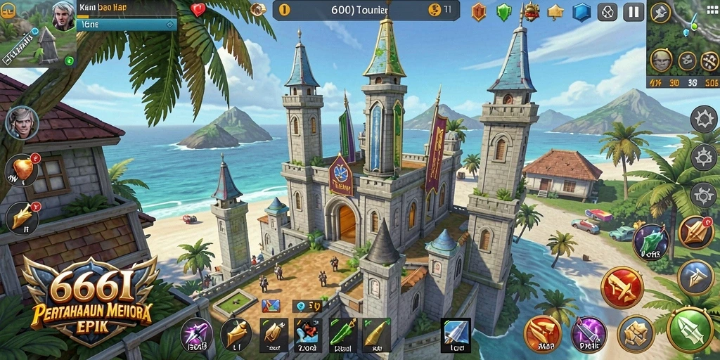Screenshot gameplay 666I menampilkan pertahanan menara yang megah dan serangan musuh.