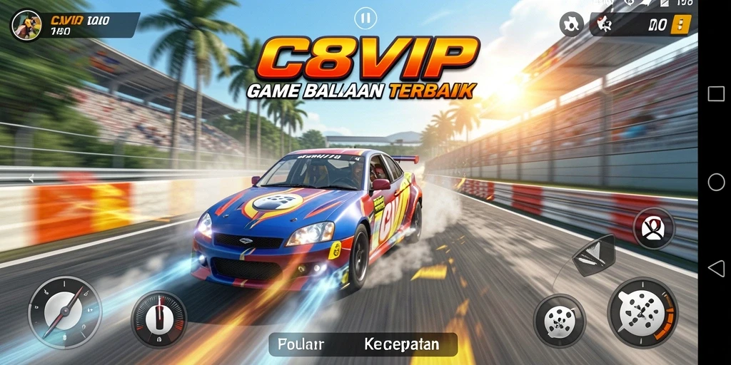 Gameplay C8VIP yang mendebarkan dengan aksi balapan cepat.