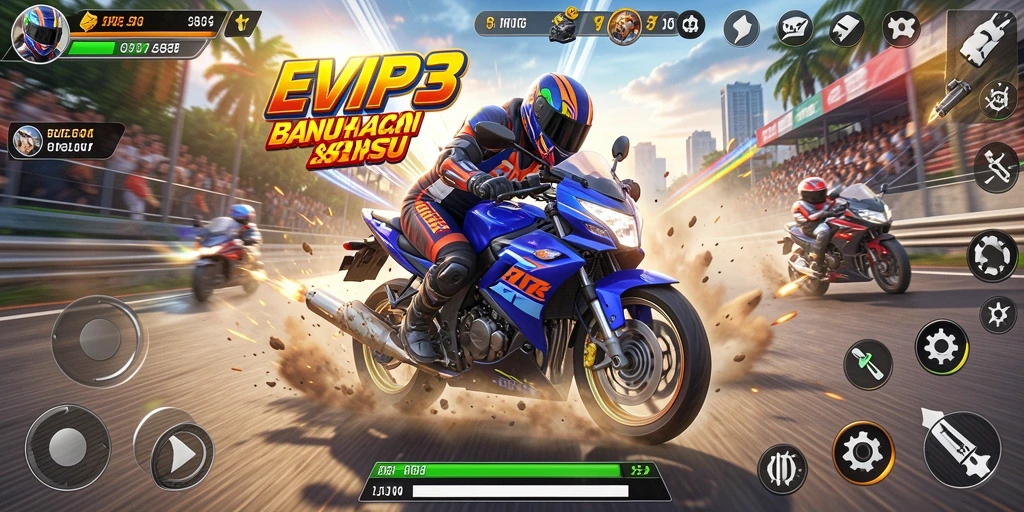 Screenshot EVIP3 menampilkan gameplay balapan motor yang seru dan menegangkan.