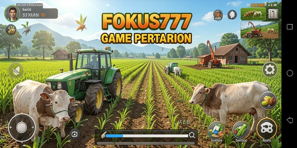 Tangkapan layar gameplay FOKUS777 menunjukkan suasana pertanian yang ceria.