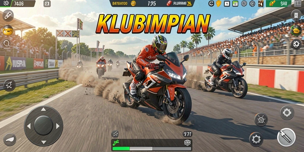 Screenshot gameplay KLUBIMPIAN dengan balapan mendebarkan dan motor yang cepat.