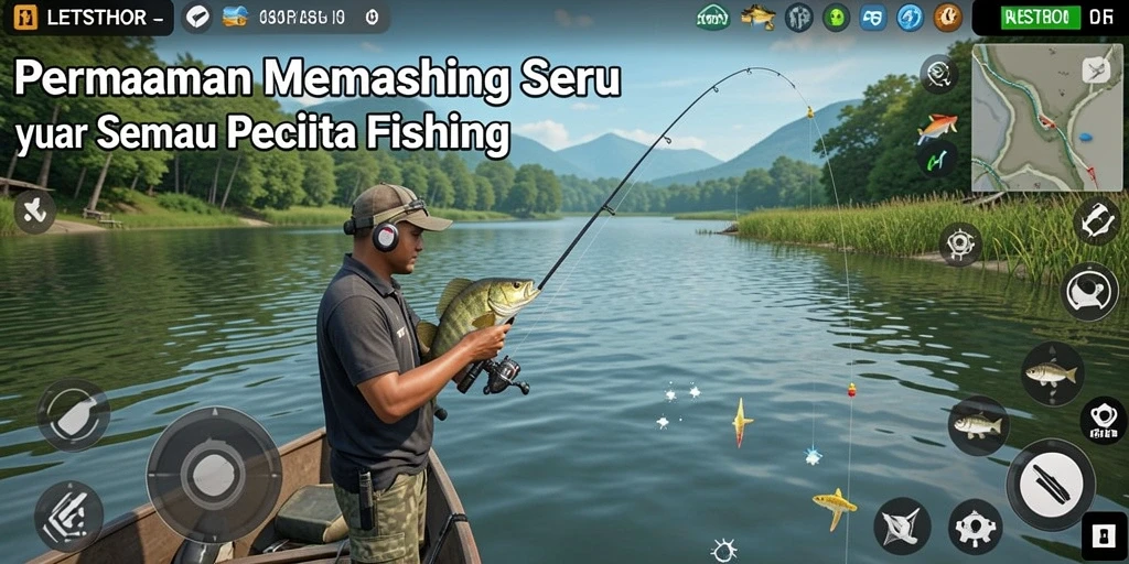 Gambaran ikonik gameplay LETSTHOR dengan memancing di lokasi eksotis.
