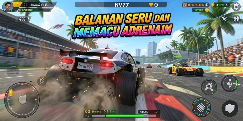 Screenshot gameplay NV77 menampilkan aksi balapan yang menegangkan.