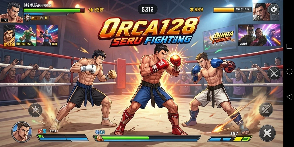Gameplay ORCA128 yang energik penuh aksi pertarungan.