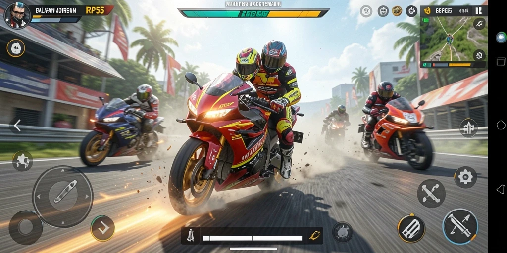 Screenshot gameplay RP55 menampilkan balapan motor yang intens dan menegangkan.