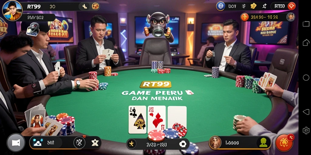Tangkapan layar utama RT99 menampilkan pemain poker yang sedang bertanding.