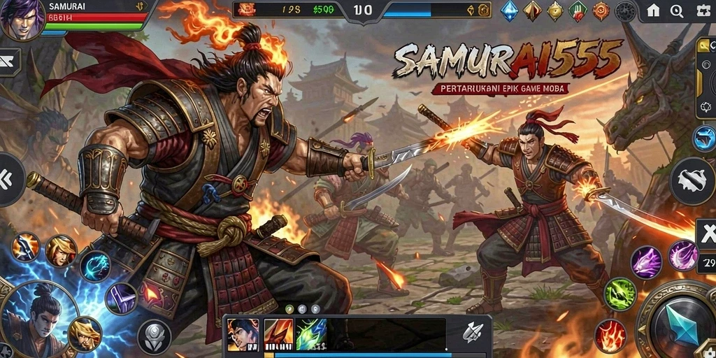 Screenshot gameplay SAMURAI555 yang menunjukkan aksi pertarungan sengit.
