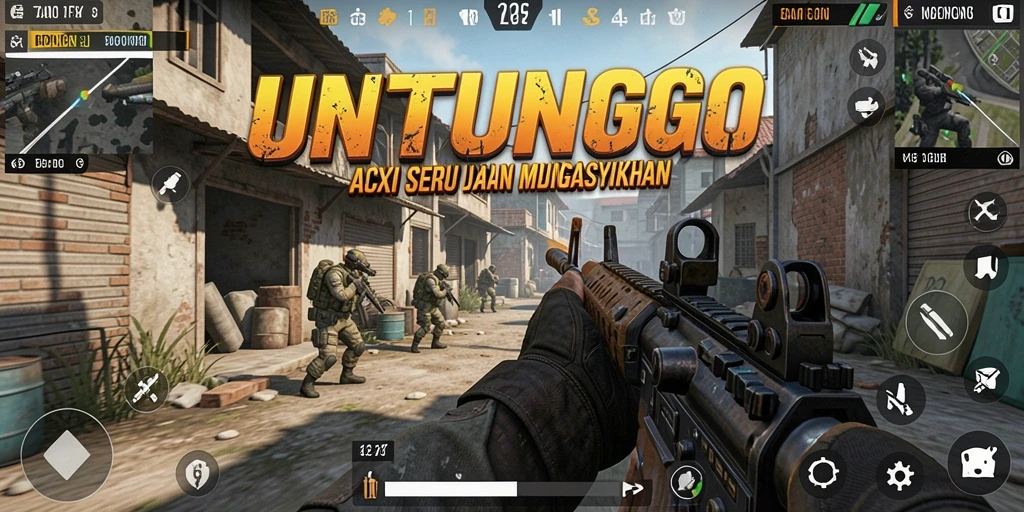 Tampilan aksi seru dari gameplay UNTUNGGO dalam pertempuran FPS.