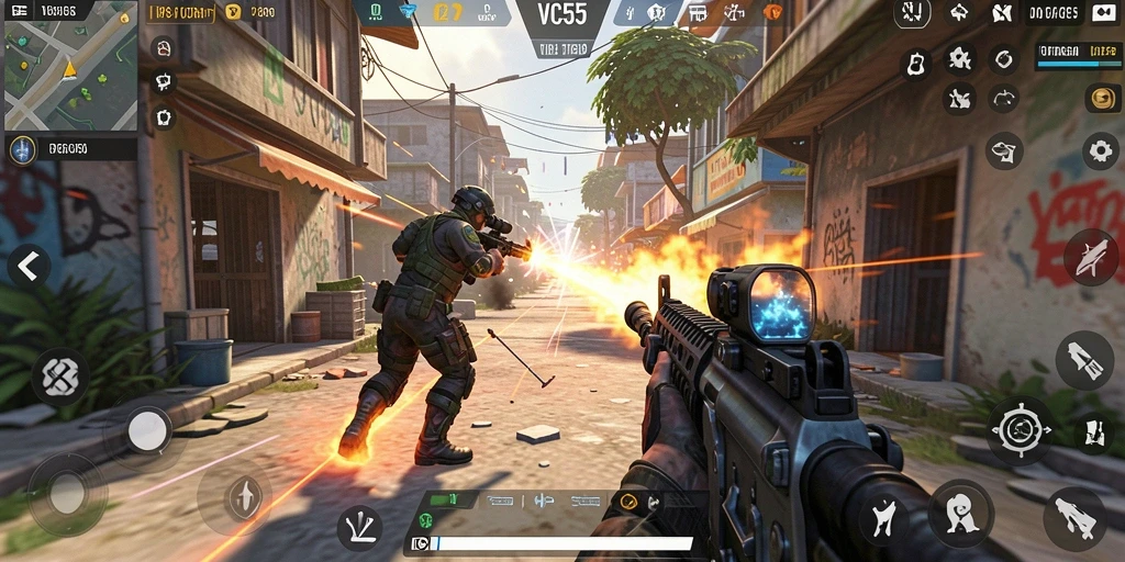 Tangkapan layar dari gameplay seru di <strong>VC55</strong>, menunjukkan aksi tembak-menembak yang intens.